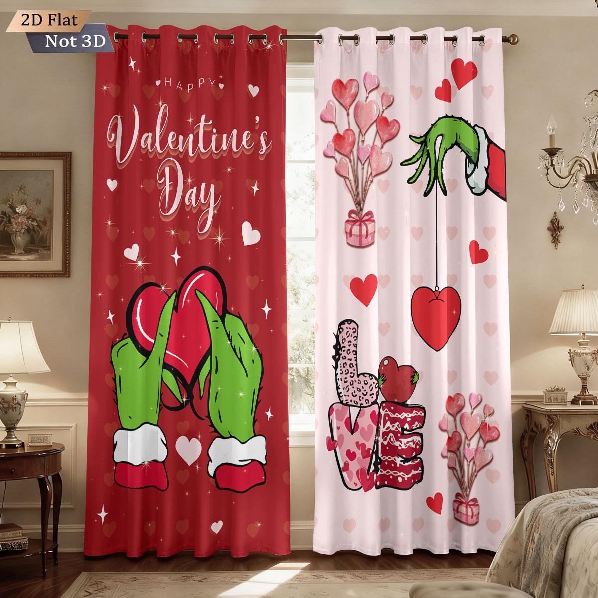 

Valentine Day Romantic Love Print Perforated Curtains Multi Size Living Room Bedroom Insulation Decoration Light Blocking Set Of 2 Made Polyester W100*H70(CM)-Grommet top&1PCS