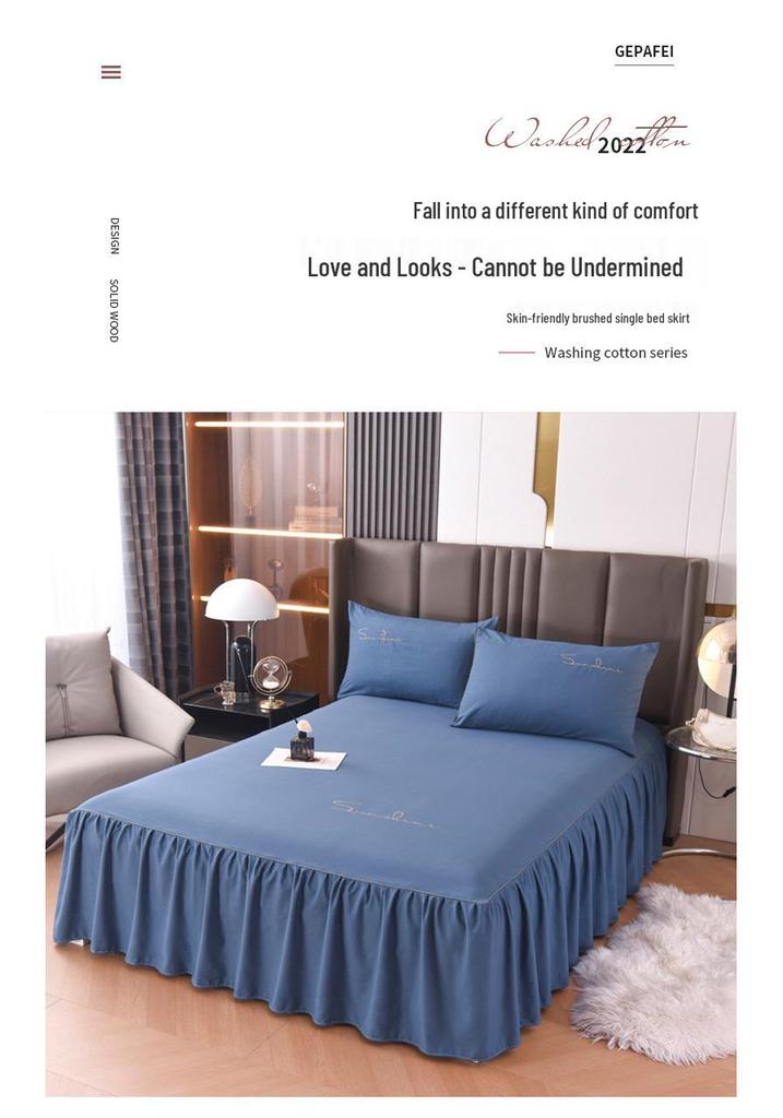 Solid Color Washed Cotton Lace Bed Skirt Mattress Protector