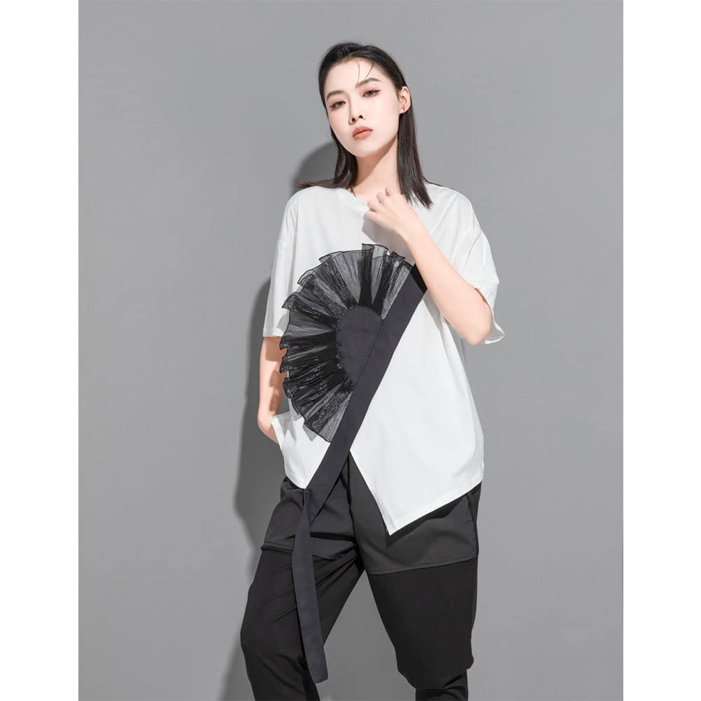 3D Floral Short Asymmetrical Floral Loose One Size Fits White with Black X-CHEN T-Shirt, Women's, Sleeve, Design, Fit, Stylish, Stylish, Spring/Summer