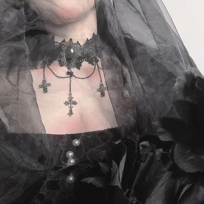Gothic Chokers Adjustable Lace Choker Collar Necklace With Crucifix Vintage Tassel Chain Women Steampunk Halloween Jewelry Halloween Costume