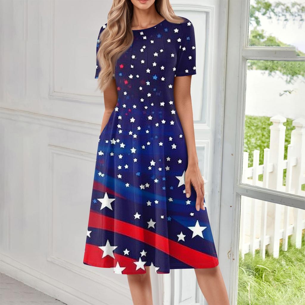 Women's Casual Fashion Round Neck Short Sleeve Print Midi Dress