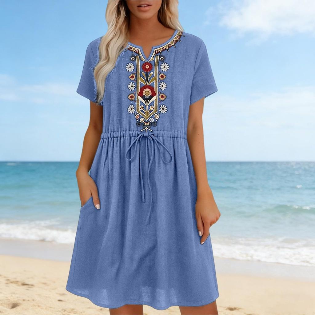 Women’s Short Sleeve Embroidered Bohemian Style Drawstring Waist Casual Loose Fit Dress with Pockets for Daily Wear