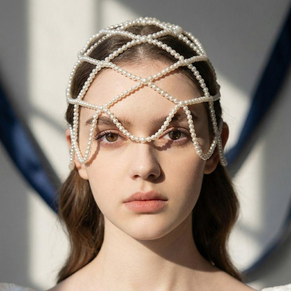 Hand-Made Pearl Hat Chain Pearls Weave Pearl Headpiece Stylish Bridal Head Ornament  Bridal Wedding