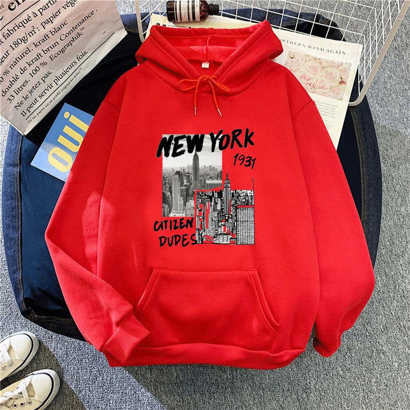 Ladies Spring Autumn Casual Hooded Long Sleeve Big Pocket New York Printed Pullover Hoodies Sweatshirt Top