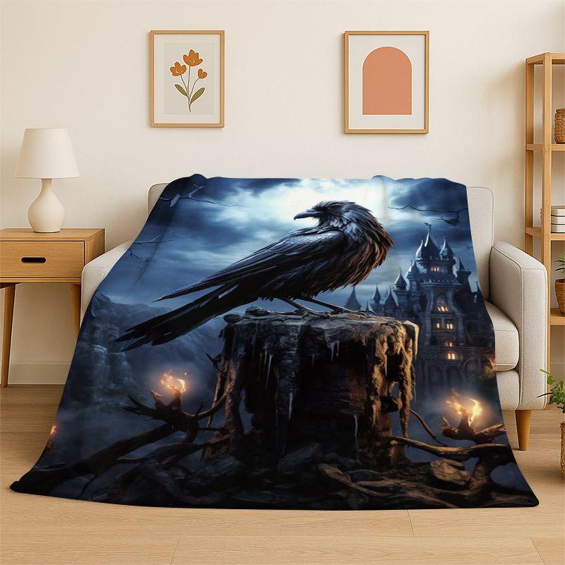 Gothic Raven Skull Crow Cartoon Flannel Blanket Soft Warm Throw Blanket For Bedroom Living Room Bed Travel Camping Picnic Cover