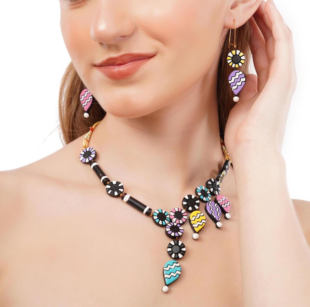 Handmade Terracotta Jewelry Set: Dangle Necklace & Earrings