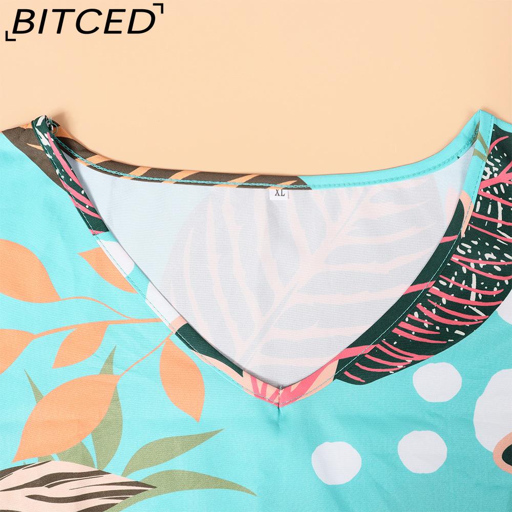 BITCED Spring/Summer Floral Print Drawstring V-Neck Short-Sleeve Vacation Casual Loose Dress