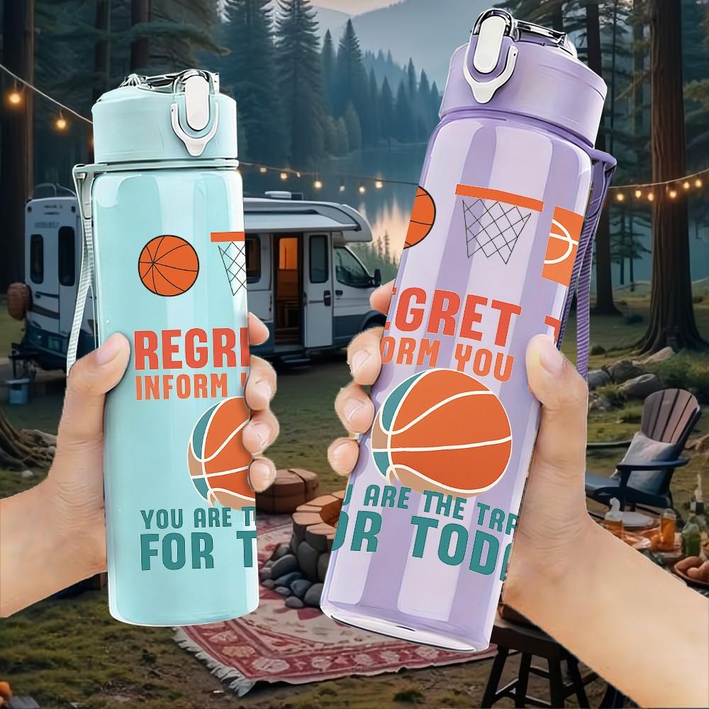 1PC Regret To Miss Basketball Letter 750ml Color Plastic Sports Water Bottle Leakproof Flip Straw Lid Suitable for Sports Office Home Use