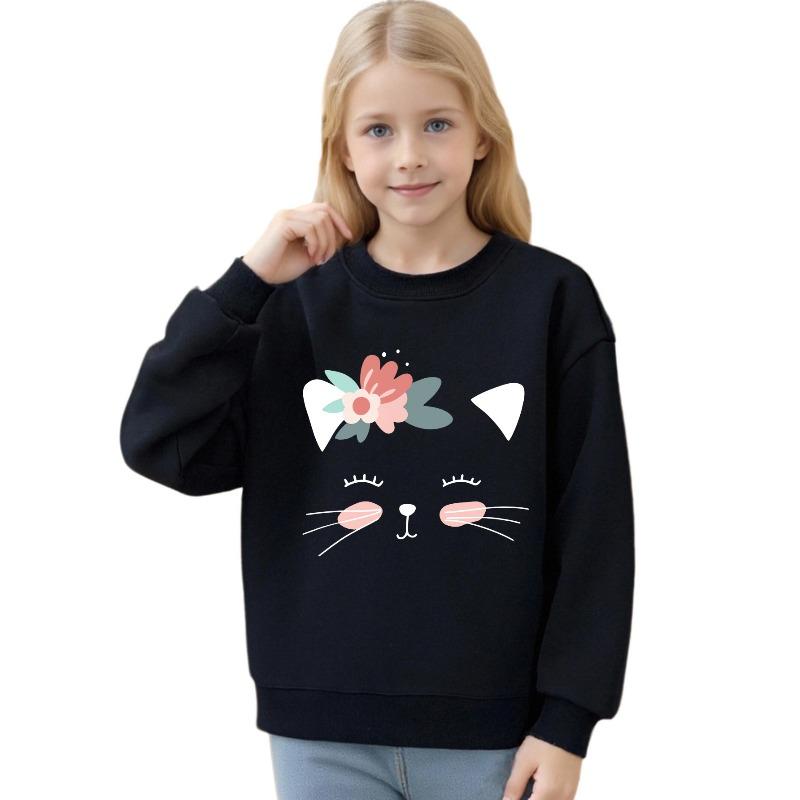 European sizes Crewneck Sweatshirt with Cat Face And Flower Print for Kids Casual Wear Machine Washable Ideal Gift for Kids