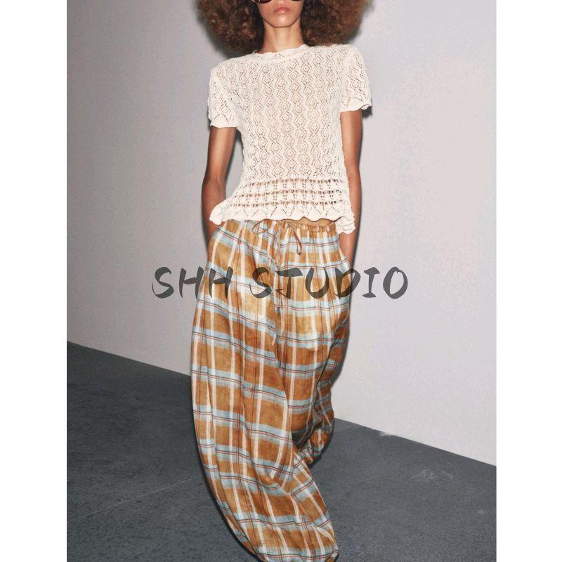 Autumn New Women clothes Lace-up Decoration Fluffy Pants Mid-Waist Ramie Blended Plaid Bloomers 8369034