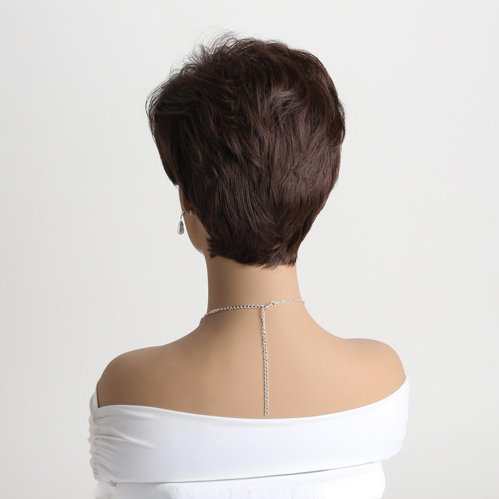 Korte Synthetische Golvende Pruiken voor Dames Natuurlijk Gelaagd Bruin Haar met Pony voor Dagelijks Feest Kostuum Hittebestendige Vezel