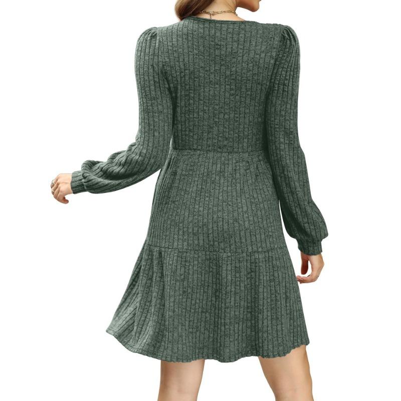 Women's Round Neck Pocket Knit Sweater Long Sleeve A-line Dress
