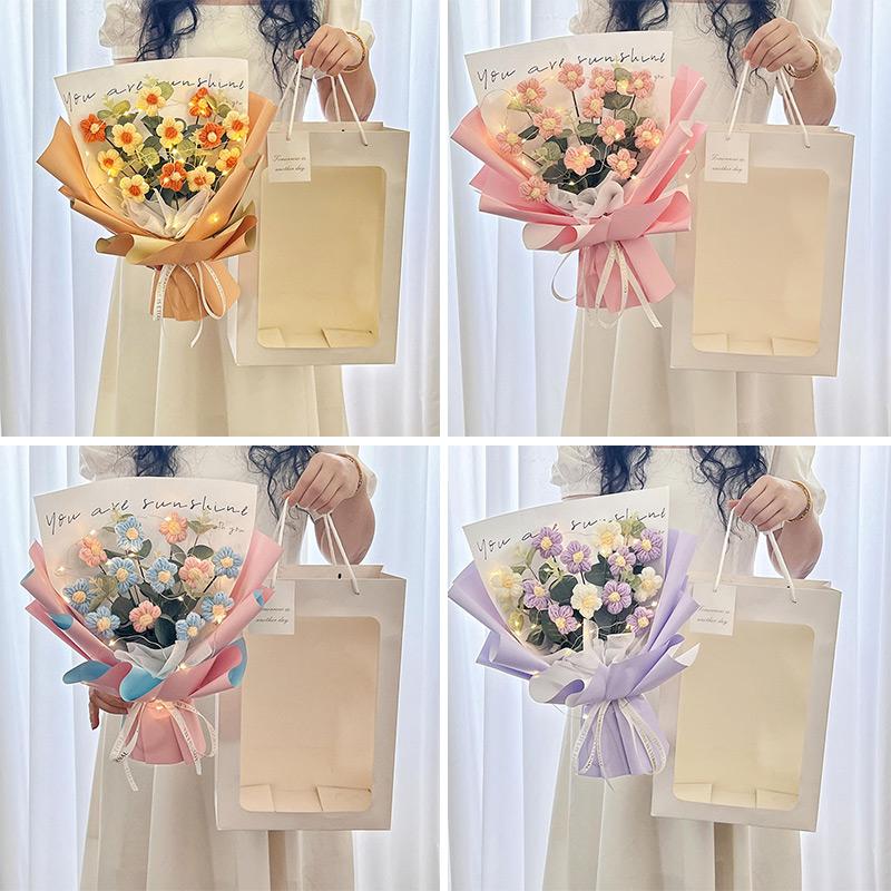Artificial Flowers Bouquet Crochets Flower with Lights Wedding Guests Gift Graduation Bouquet Teachers' Day Gift Christmas Decor