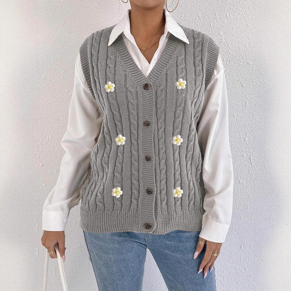Women's Knitted Cardigan for Autumn and Winter Casual Outerwear, Vest, Twisted Sweater, Three-dimensional Flower Patchwork Vest
