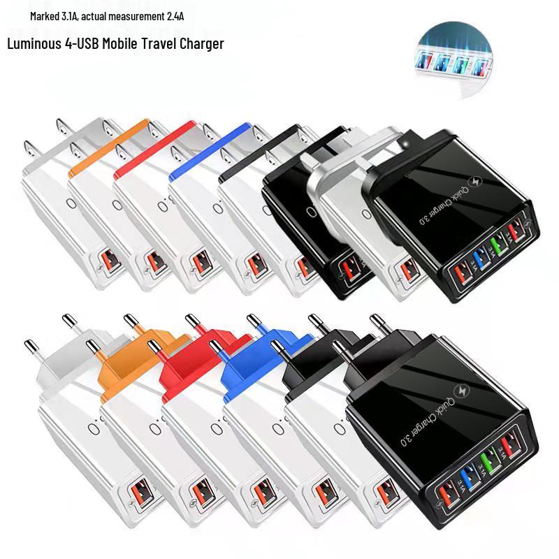 Luminous LED 4-Port USB Mobile Phone Charger 3A EU Plug Smart Travel Charger
