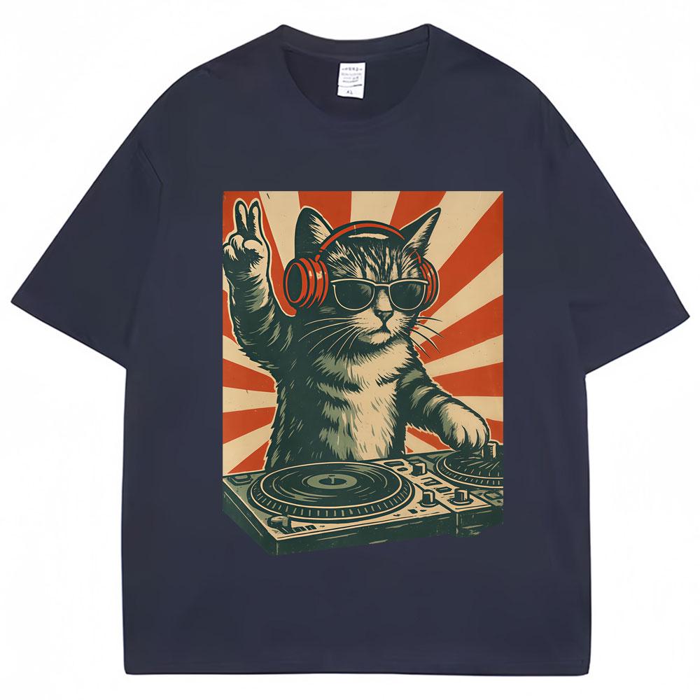 Funny Cool Dj Cat Meme Graphic Vintage T Shirt Men Women Humor T Shirts Oversized Cotton Casual T-shirt Streetwear Gifts