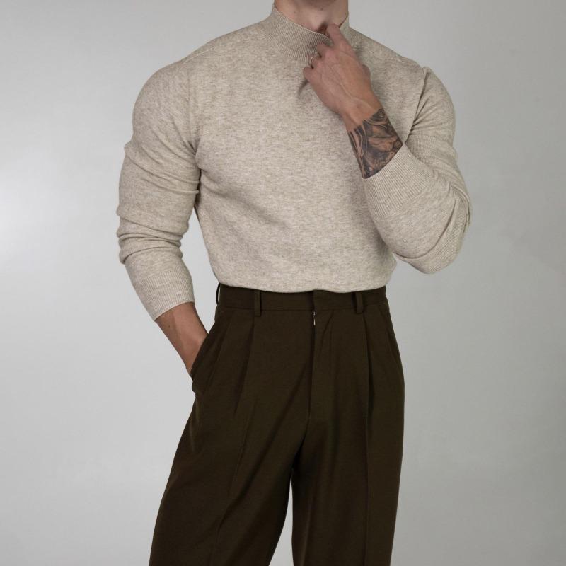 Half Turtleneck Sweater for Men Spring and Autumn Retro Chic Casual Pullover Sweater Long-sleeved Bottoming Shirt