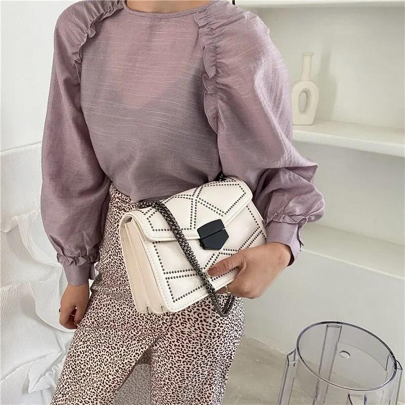 Vintage Rivet Chain Small Shoulder Bags For Women Flap PU Leather Fashion Small Square Crossbody Bag Designer Handbag