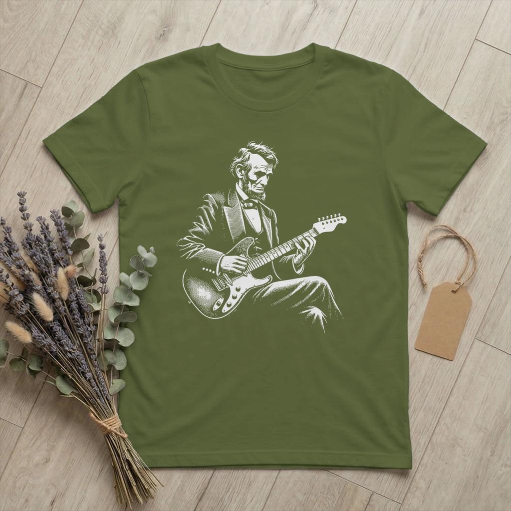 Unisexs TShirts Abraham Lincoln Playing Electric Guitar Funny Vintage Cotton Tee Short Sleeve T Shirts Crewneck Merch Printing
