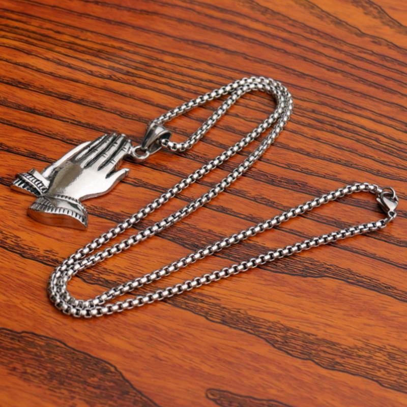Retro Praying Hands Neckace For Men Hiphop Titanium Steel Chain Trendy Copper Color Palm Clapping Pendant Neck Jewelry Gifts