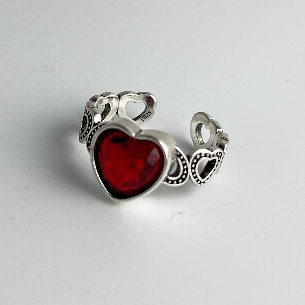 925 Sterling Silver Rings For Women Geometric Fine Jewelry Finger Adjustable Red Heart Stone Ring For Party Birthday Gift