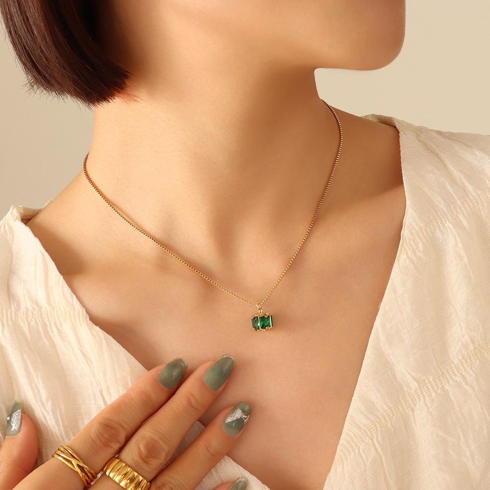 Minimalist Emerald Zircon Necklace & Earrings Jewelry Set in Titanium Steel