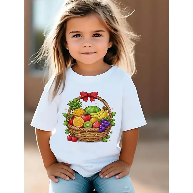 Girls Crewneck Short Sleeve T-Shirt, Colorful Fruit Basket Fun Print 110 белый