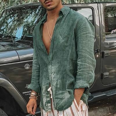 Herren Langarmshirt Frühling und Sommer Leichtes Strandhemd Lässiges Basic-Kragen Einreihiges Oberteil