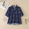 Women Casual Turn Down Collar Loose Half Sleeve Floral Print Blouse
