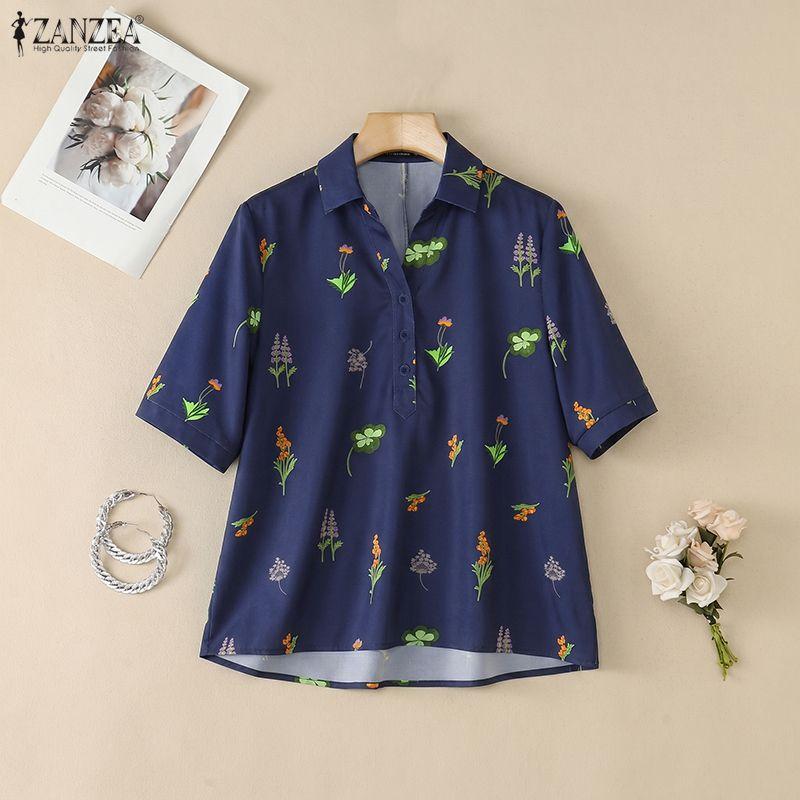 ZANZEA Women Casual Turn Down Collar Loose Half Sleeve Floral Print Blouse
