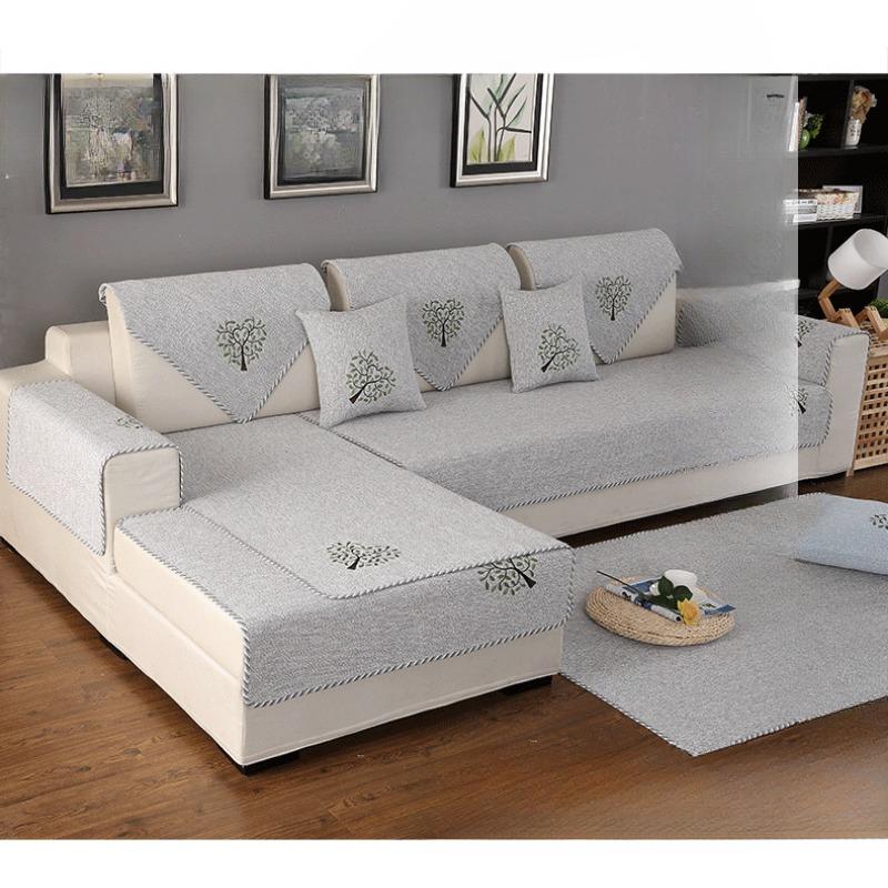 Four Seasons Non-Slip Embroidered Sofa Cushion Cotton Linen Fabric Living Room Universal Linen Thickened Modern Minimalist Solid Color Sofa Towel