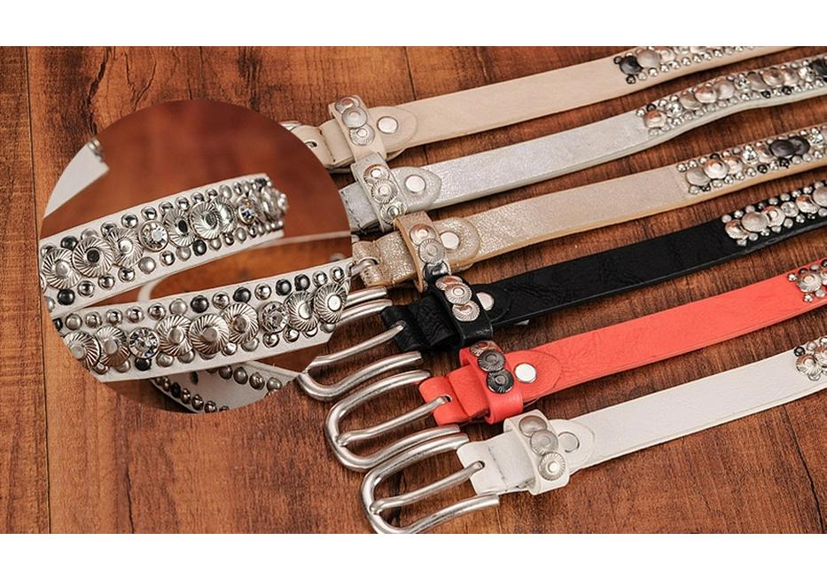 Ethnic Style Retro Rivet Leather Belt with Rhinestone Inlays for Women