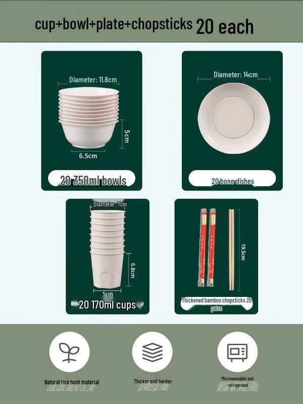 ZISIZ Disposable Rice Husk Tableware Set