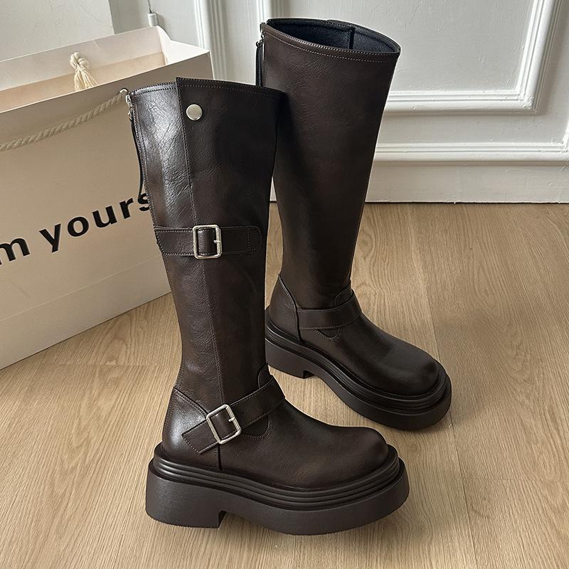 Thick heel thick sole thin elastic boots boots women's 2025 new autumn and winter brown small tall knight boots