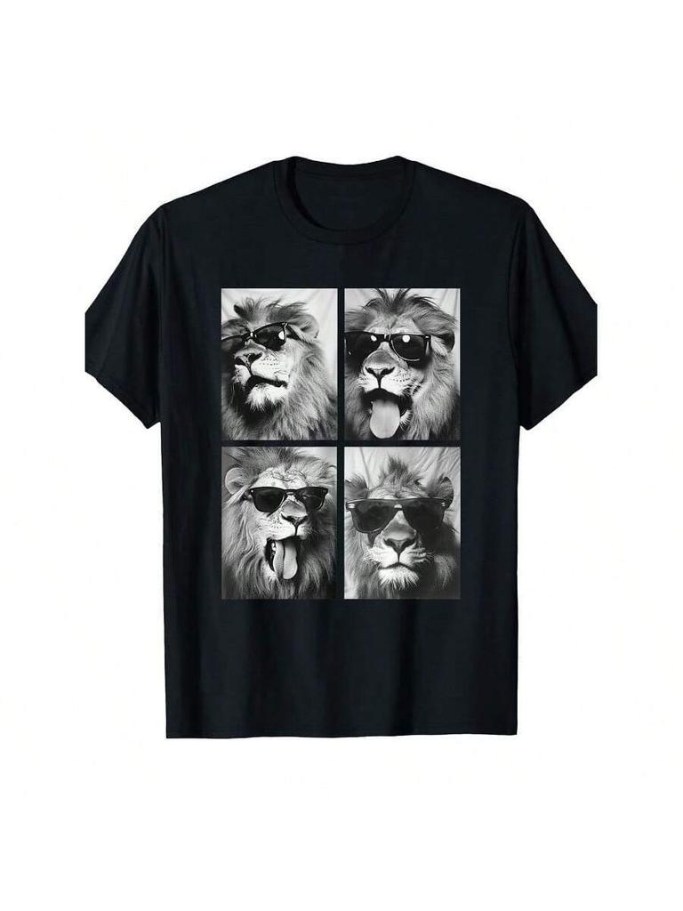 Unisexs Womens Black Lion With Fashion Glasses Graphic TShirt 100 Oversized Relaxed Fit Short