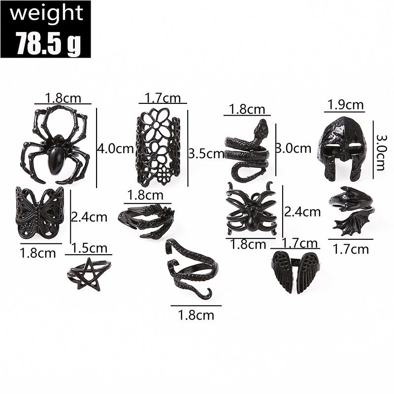 Electrophoretic Black Adjustable Snake Skull Love Spider Mask 11-piece Ring Set