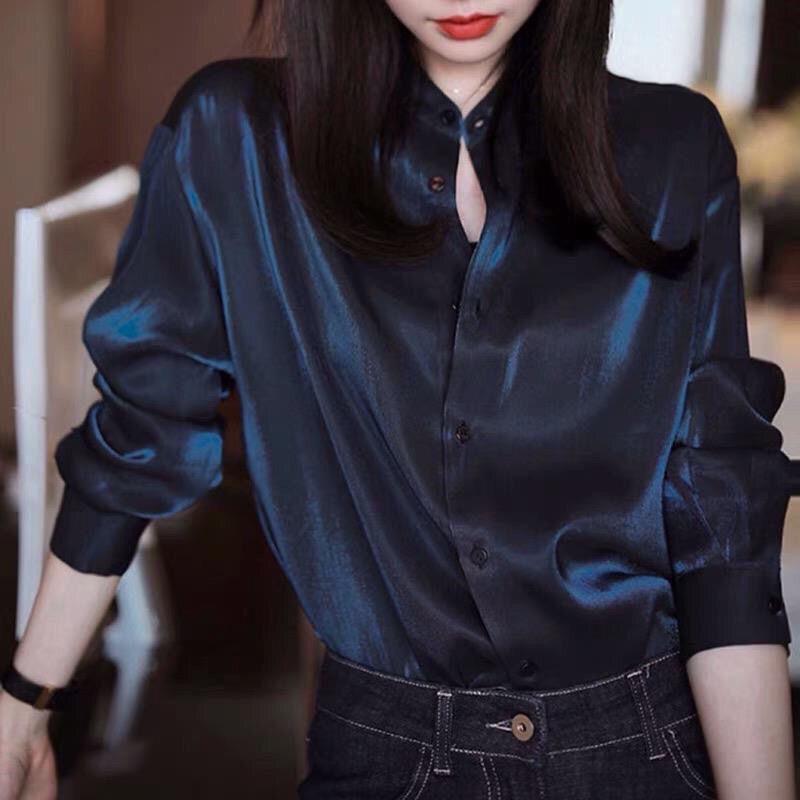 Office Lady Solid Color Blouse Fashion Single-breasted All-match Spring Autumn Stand Collar Women's Korean Long Sleeve Shirt New