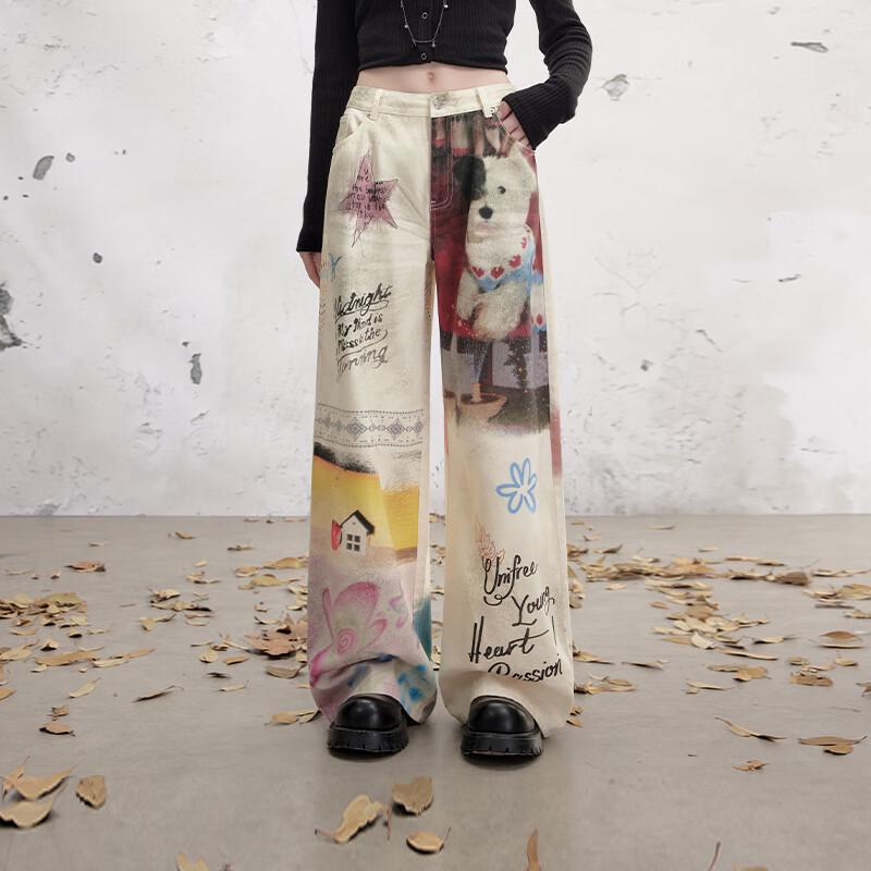 UNIFREE Women's Retro Graffiti Wide-Leg Casual Pants