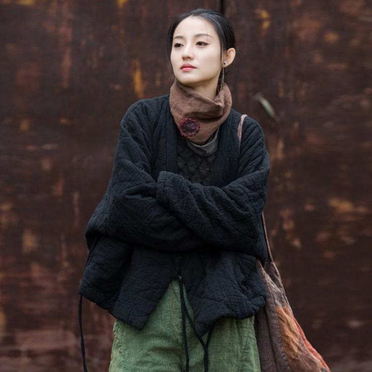 

Vintage Chinese Style Winter Coats for Women Loose Bandage Long Sleeve with Pockets One Size чёрный