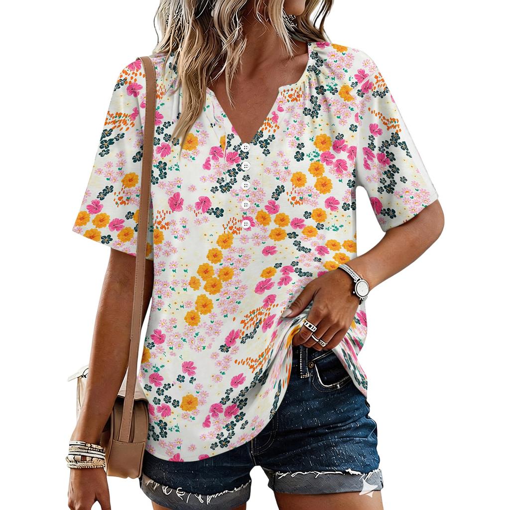Women's Fashionable Casual Floral Print Button V-neck Short-sleeved Top