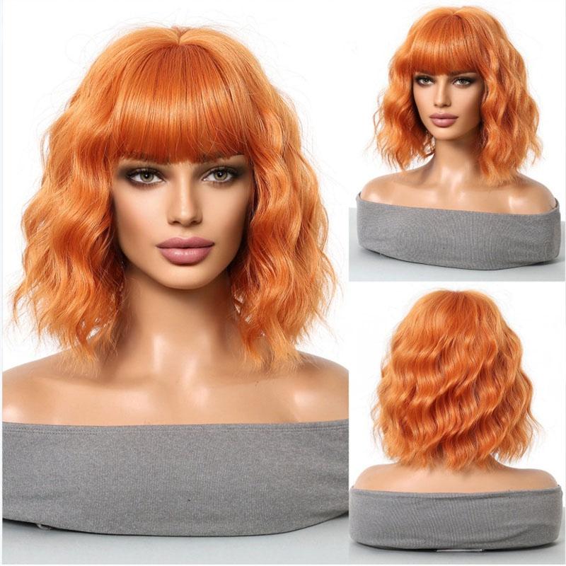 Premium Synthetic Women Short Orange Wavy Wig with Bangs Anime Cosplay Costume Wave Curly Wigs Drag Wig Carnival Party