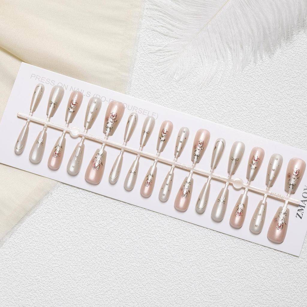 Nail Art Gilded Cat's Eye Blush Tips - 30-Piece Set, Handmade & Ready-to-Wear In XS/S/M