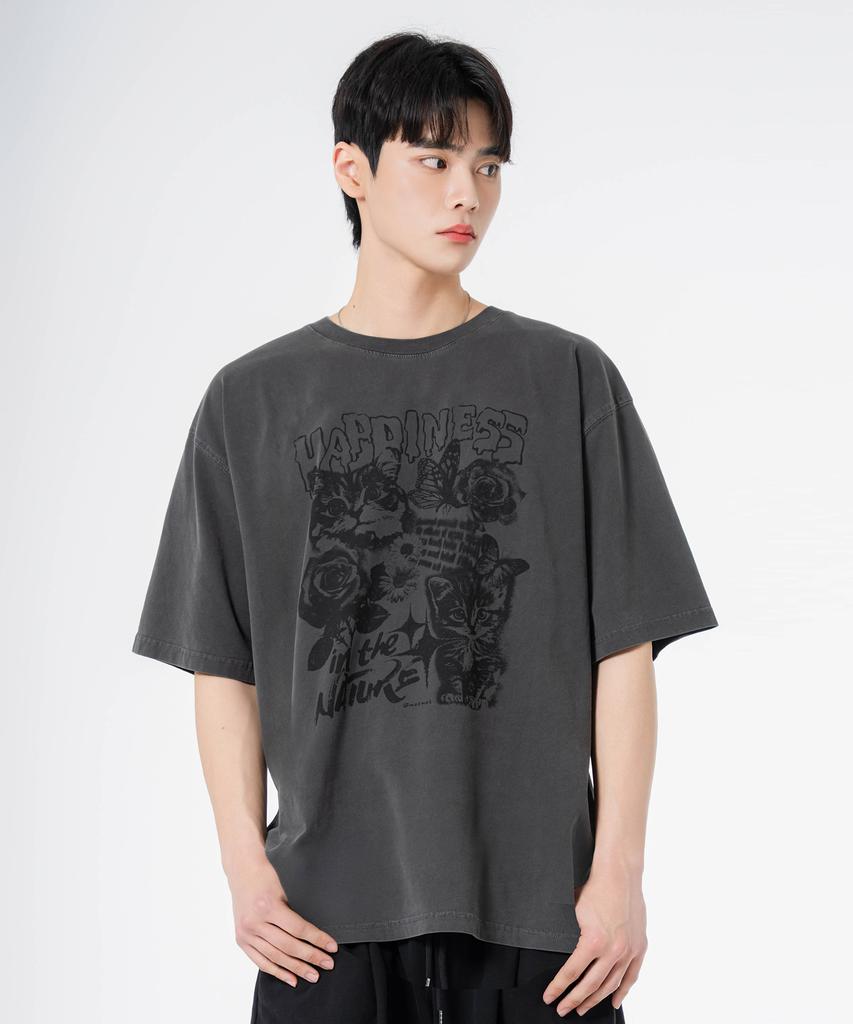 MOZMOZ Happy Cat Oversized Pigment Short Sleeve T-Shirt Charcoal