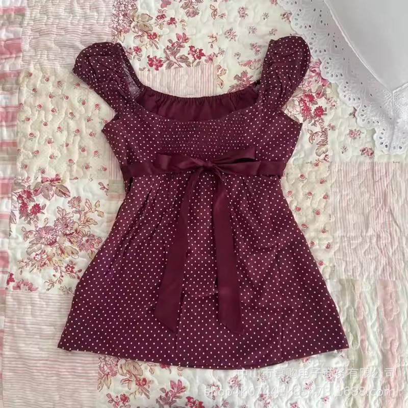 2025 Polka Dot U-Neck Slimming Women s Casual Top Large красный