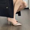 Women Pumps Sexy Pointe Toe Luxury Rhinestone Embellished French Style Buckle Strap Thin Heels Black Classic High Heel Sandals