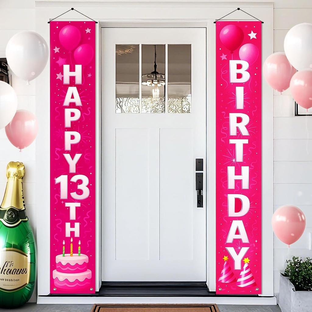 18th Birthday Door Banner 12x72 Inch Pink Gradient Backdrop with White Letters Balloon Cake Star Streamer and Graphics Happy Birthday Sign for Party