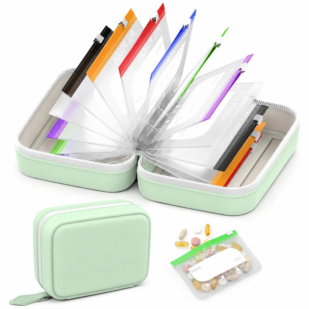 Travel Portable Pill Organizer with 14 Reusable Zipper Pouches, Food Grade Silicone Case for Medicine and Daily Essentials