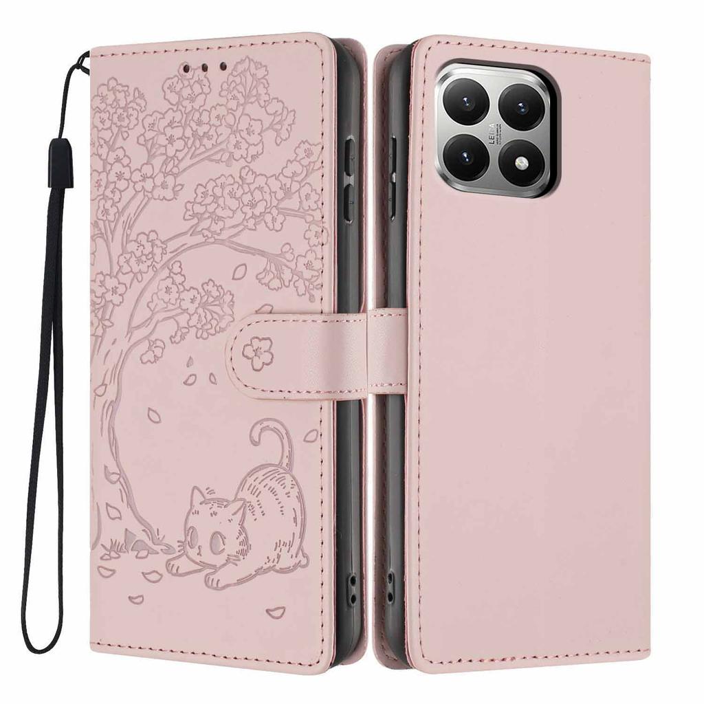 For Xiaomi 15T Stand Case Tree-and-Cat Pattern PU Leather Wallet Protective Phone Cover with Wrist Strap