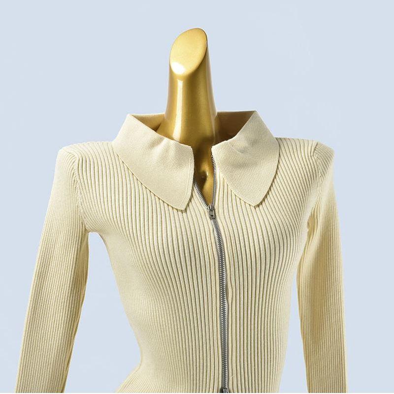 Stylish Double Zipper Knitting Cardigan Female Spring & Fall New Arrival Silm Slim Looking Lapel Long Sleeve Bottoming Top Outwear