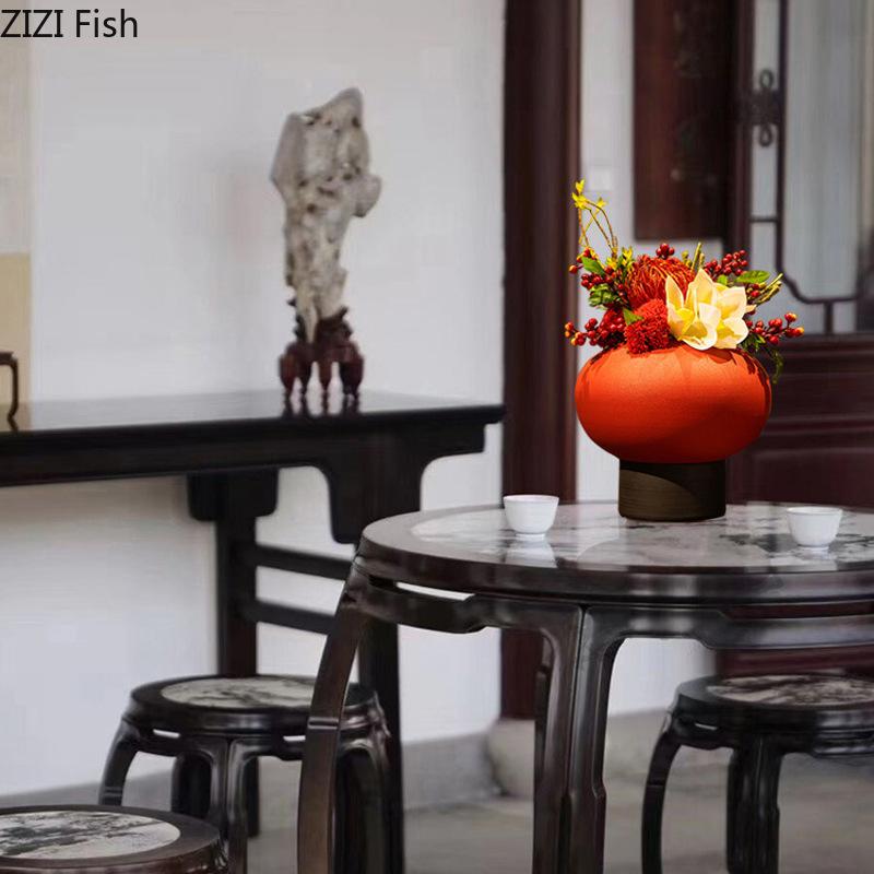 Kreatywny Czerwony Lampion Ceramiczny Wazon Okrągła Doniczka Dekoracja Biurka Aranżacja Kwiatowa Nowoczesne Wazony Florystyczne Estetyczny Wystrój Pomieszczenia